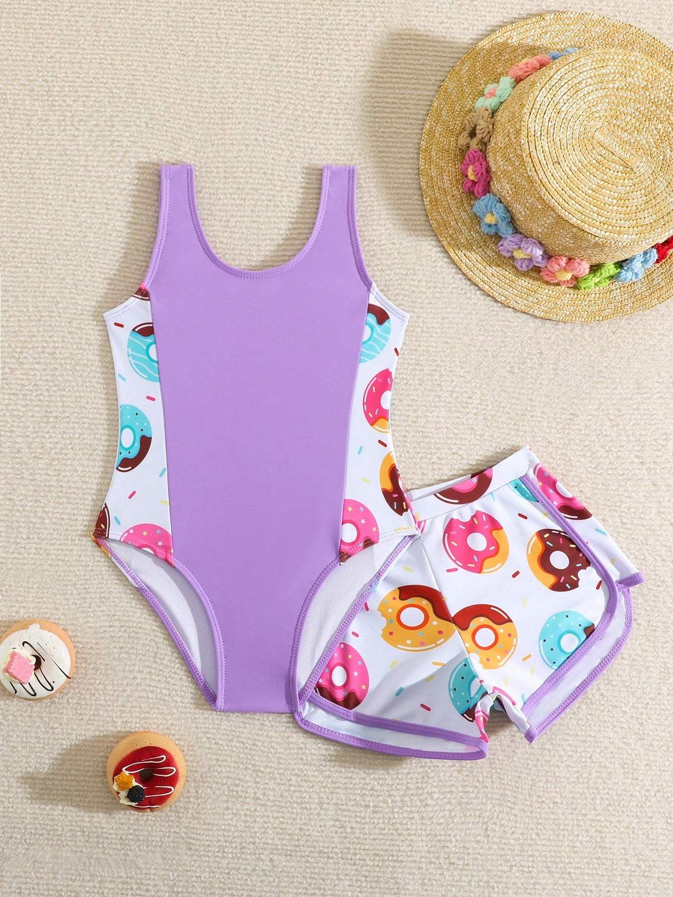 Young Girls' Donut Printed Patchwork One-Piece Swimsuit/Random Print/With Swimming Trunks