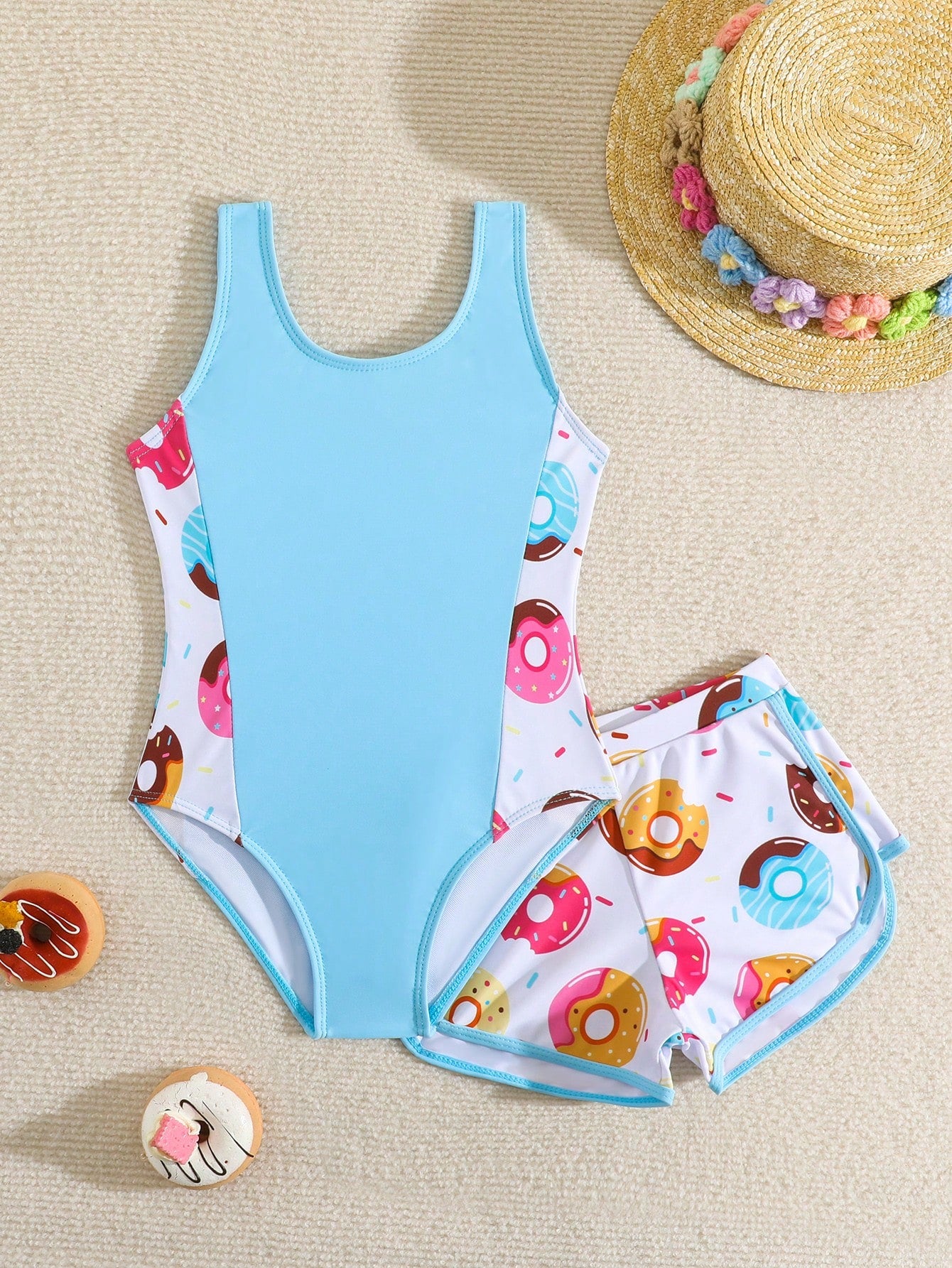 Young Girls' Donut Printed Patchwork One-Piece Swimsuit/Random Print/With Swimming Trunks