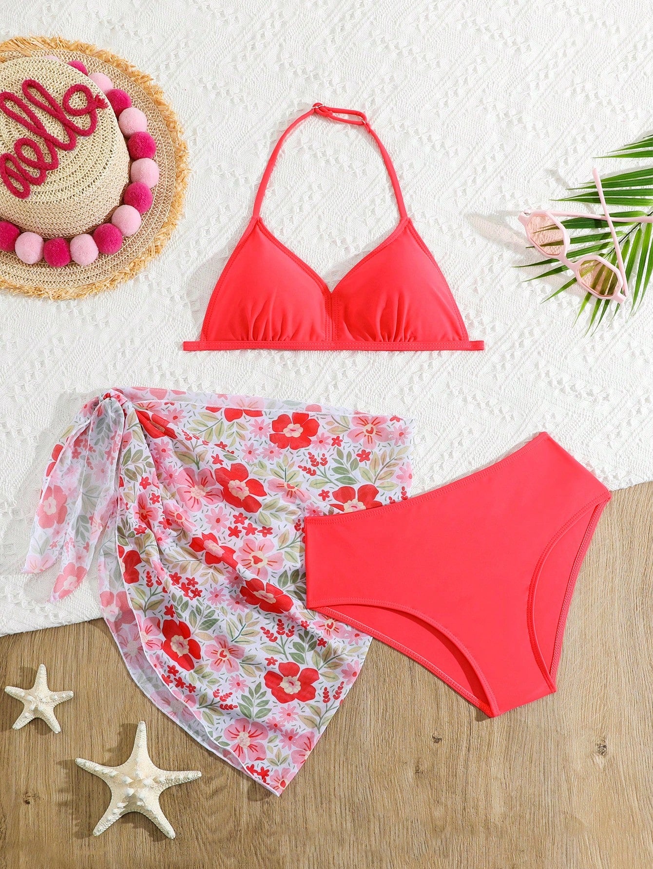 Tween Girl Solid Color Halter Bikini Set And Floral Print Bikini Set Skirt Summer Beach