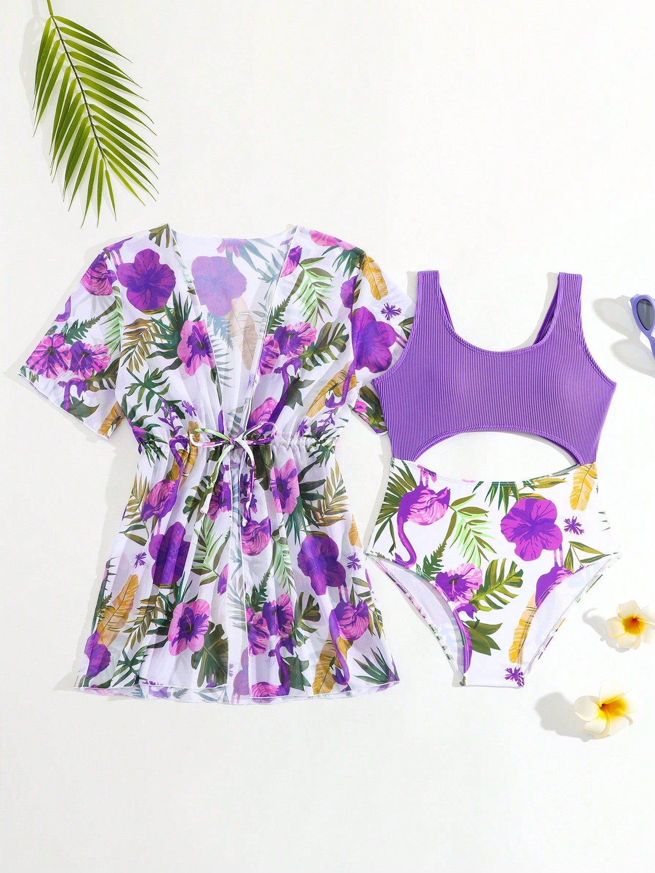 Tween Girl Tropical Plant Print One-Piece Swimsuit With Cut-Out Waist