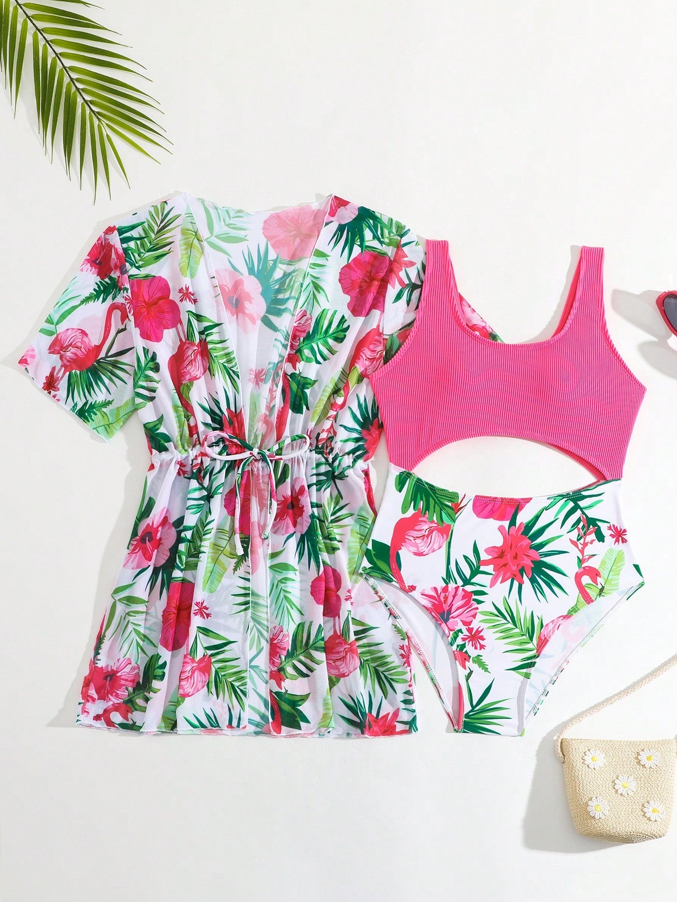 Tween Girl Tropical Plant Print One-Piece Swimsuit With Cut-Out Waist