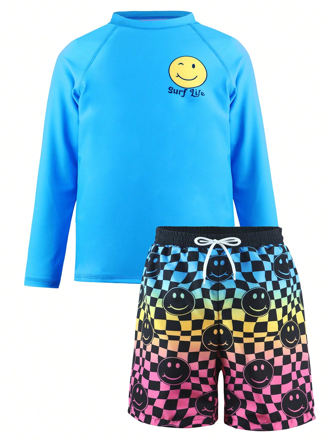 Tween Boys'  Printed Long Sleeve Top And Checkerboard Printed Gradient Color Swim Shorts Set (Positioning Print)