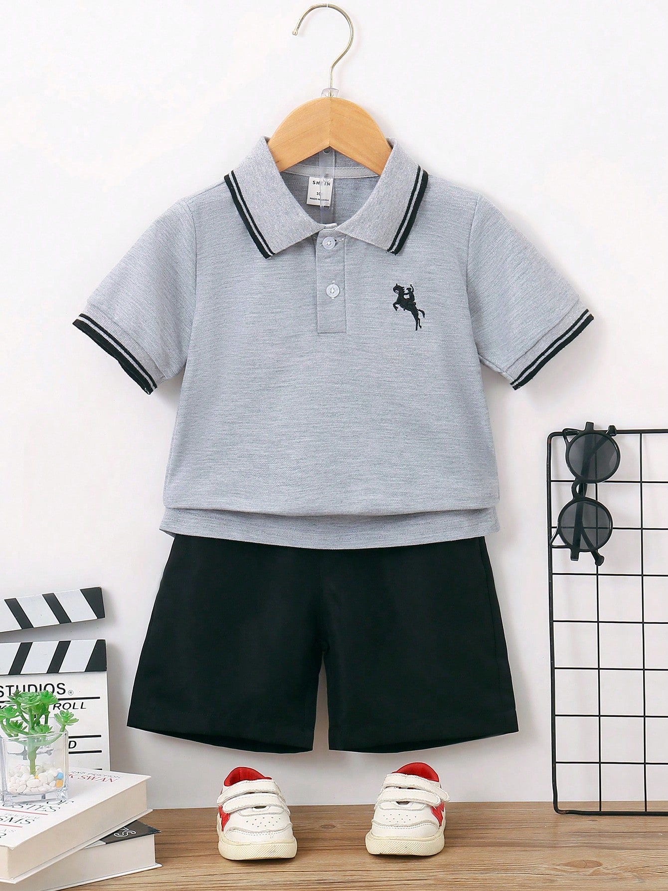 Young Boy Solid Color Striped Polo Shirt With Front Button