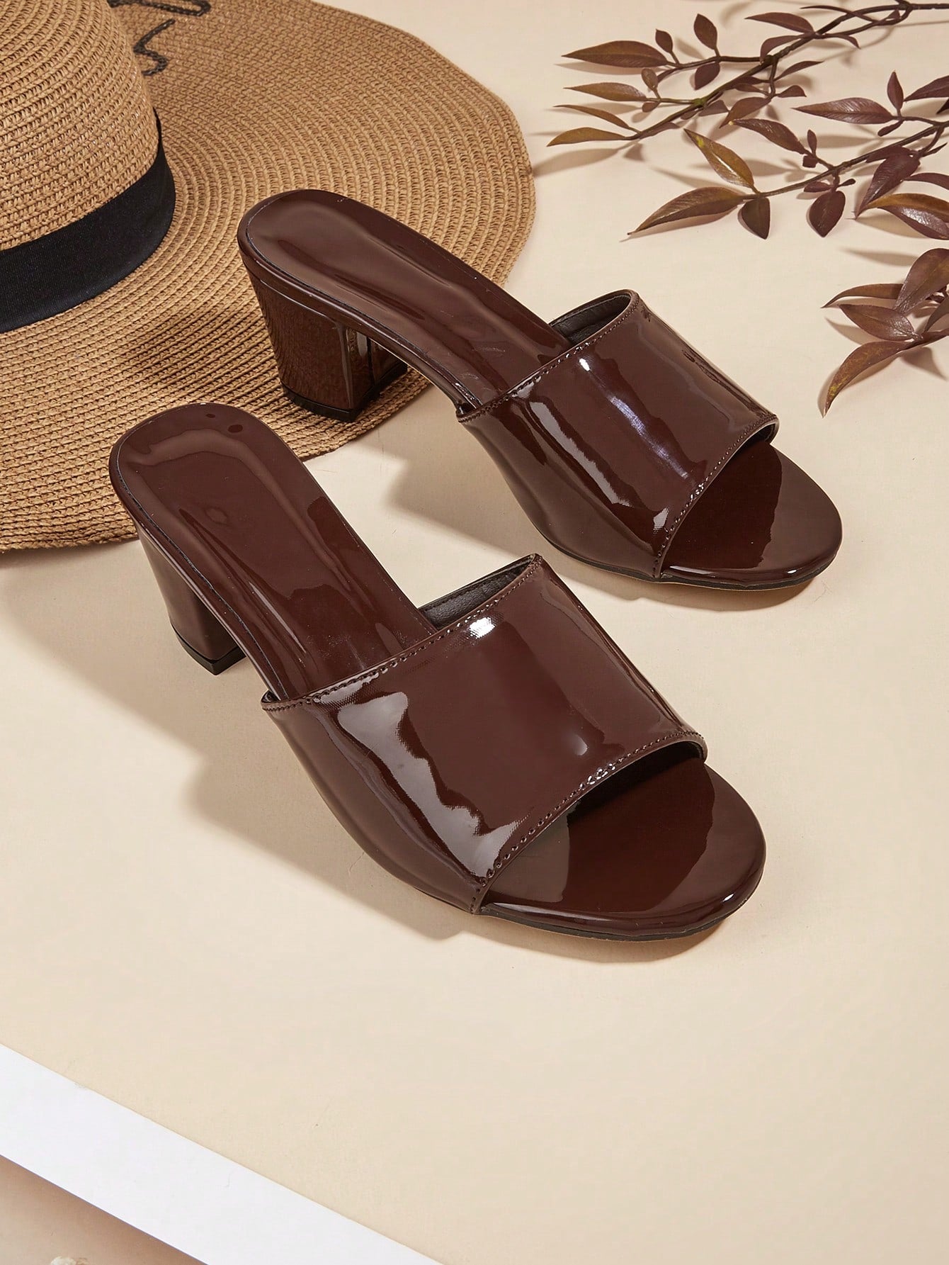 Coffee Brown Faux Leather Chunky Heel Fashionable Women's High-Heel Sandals