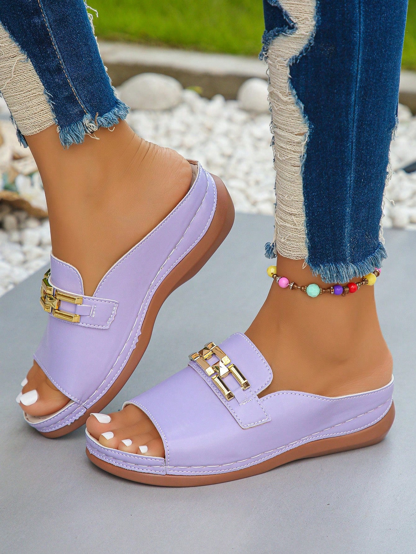 Plus Size 36-43 Women's Summer Fashionable And Casual Purple Wedge Heel Sandals With Metal Chain Daily Outdoor Lightweight And Comfortable Thick-Soled Platform Slippers