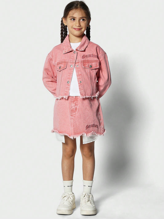 Tween Girls Raw Hem Denim Jacket And Skirt 2 Piece Set