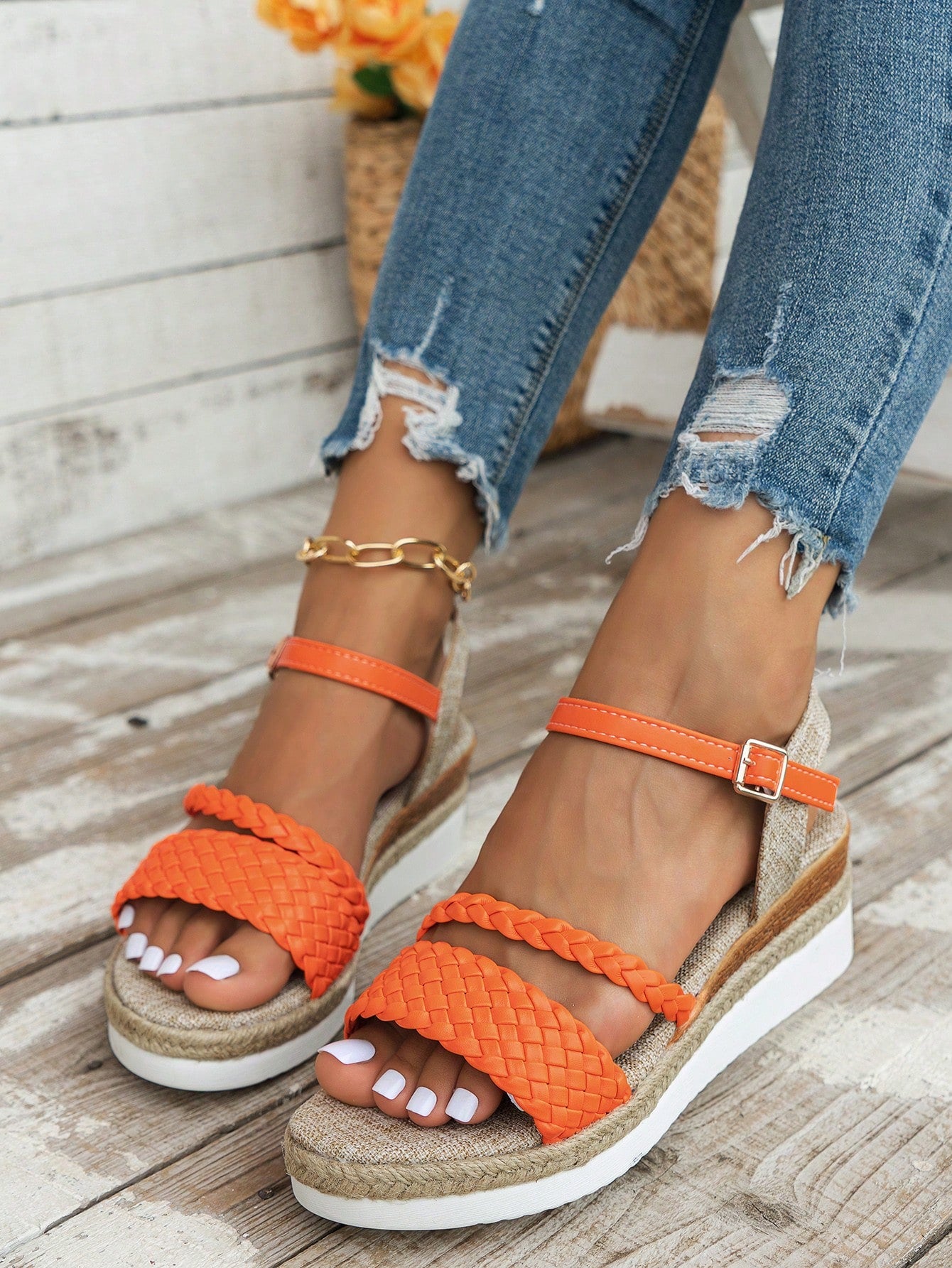 Orange Woven Platform Wedge Sandals With Ankle Strap And Espadrille Bottom, Stylish Holiday Bohemia-Inspired Sandals, Summer