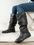 Women's Round Toe Wrinkle Slip-On PU Leather Fashion Over-The-Knee Boots With Inner Heightening And Belt Buckle Decoration, Grey