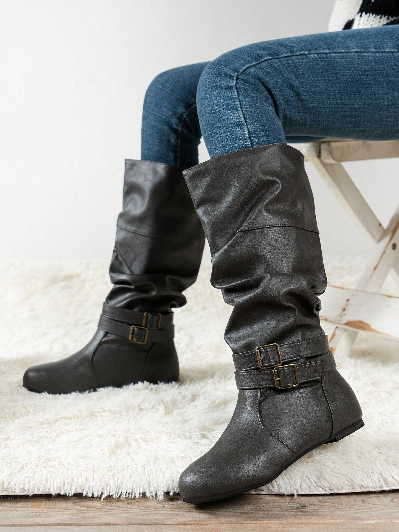 Women's Round Toe Wrinkle Slip-On PU Leather Fashion Over-The-Knee Boots With Inner Heightening And Belt Buckle Decoration, Grey