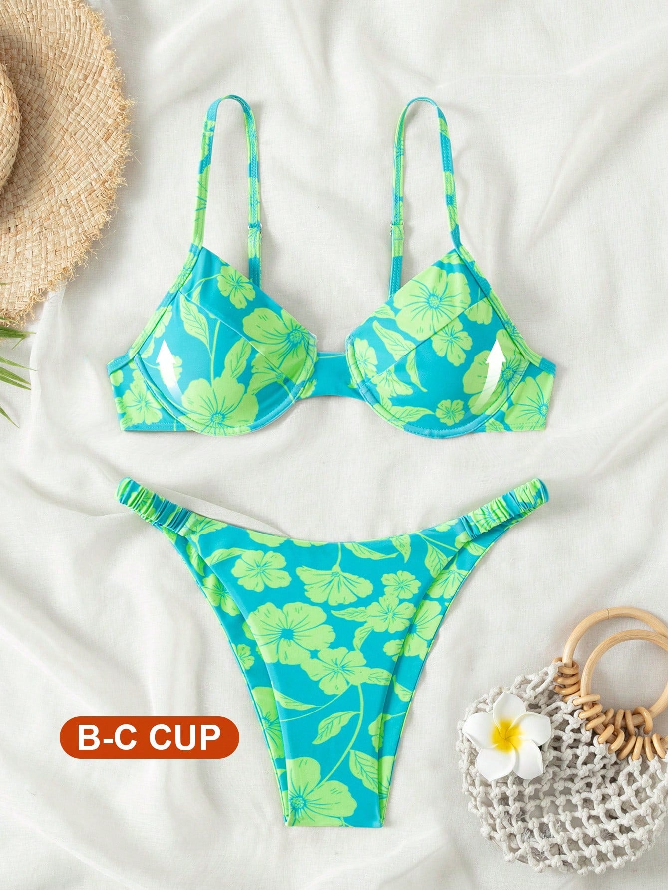 Swim Summer Beach Floral Print V-Neck Halter Bikini Set