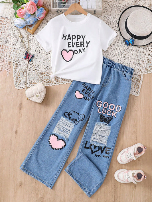 Girls' White Letter Printed Short Sleeve T-Shirt And Denim Pants Set