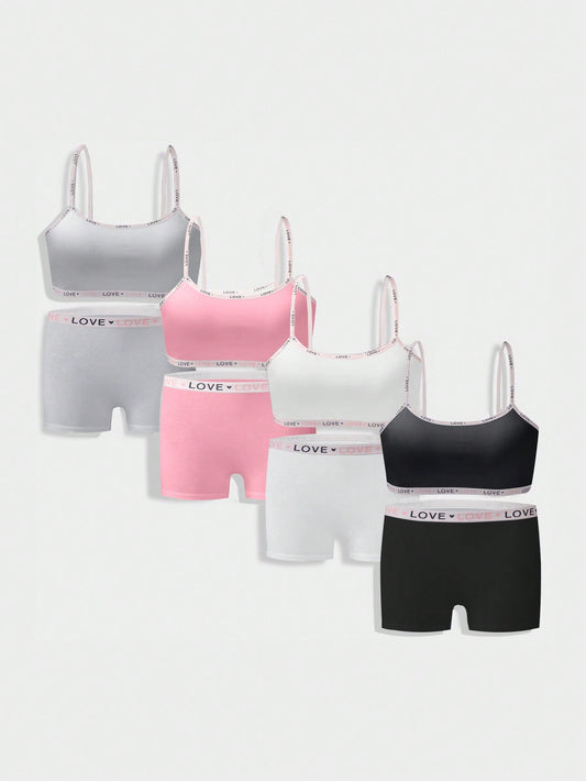 4pcs/Set Tween Girls' Basic Solid Color Letter Print Contrast Color Camisole Top And Shorts Underwear Set