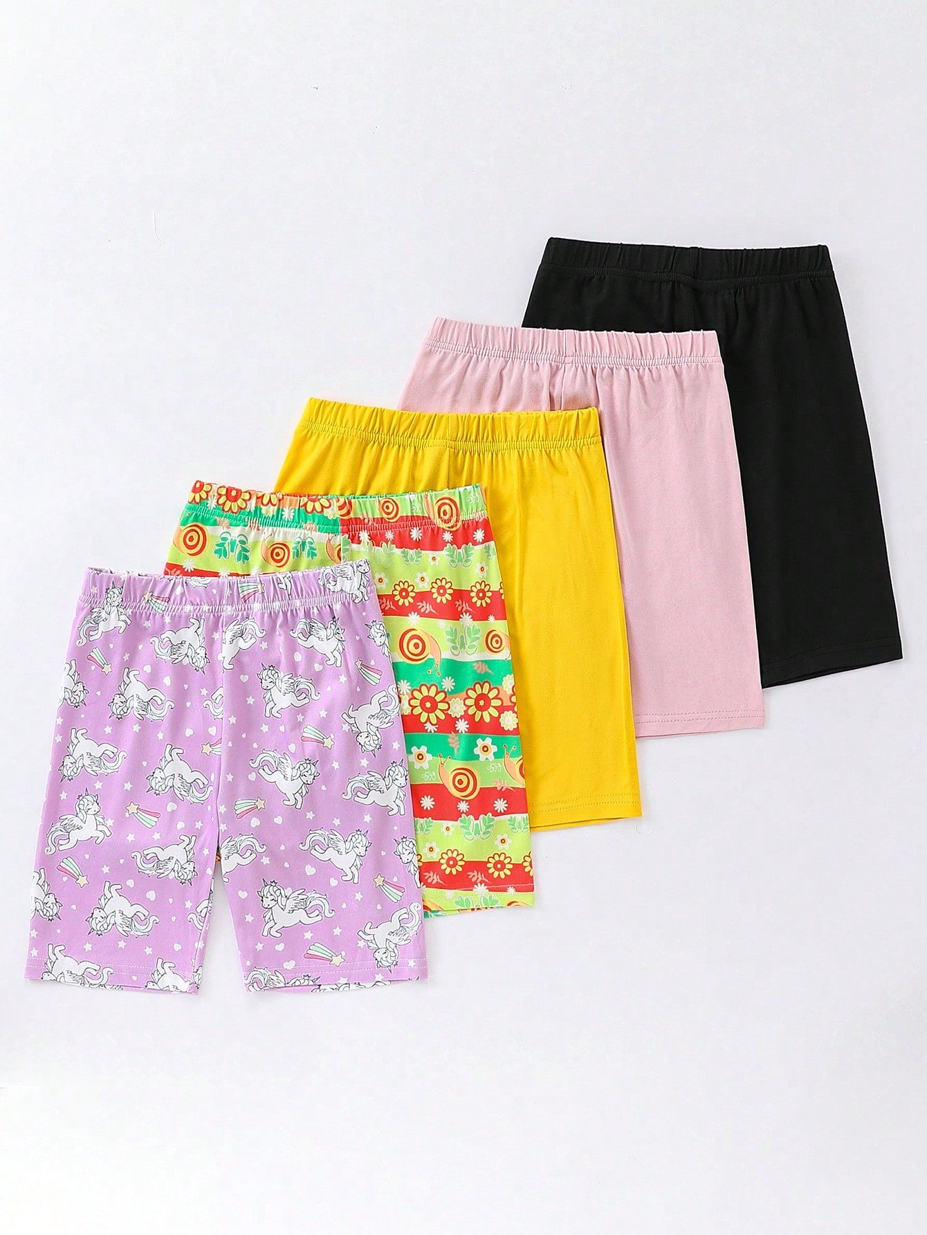 5pcs/Set Young Girls' Casual Printed Pattern And Solid Color Leggings For Summer