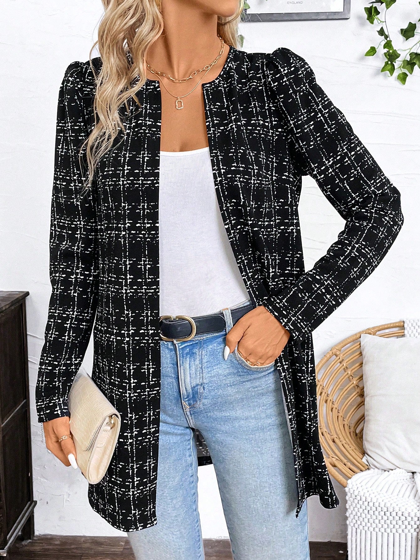 Plaid Print Open Front Coat For Dailywear