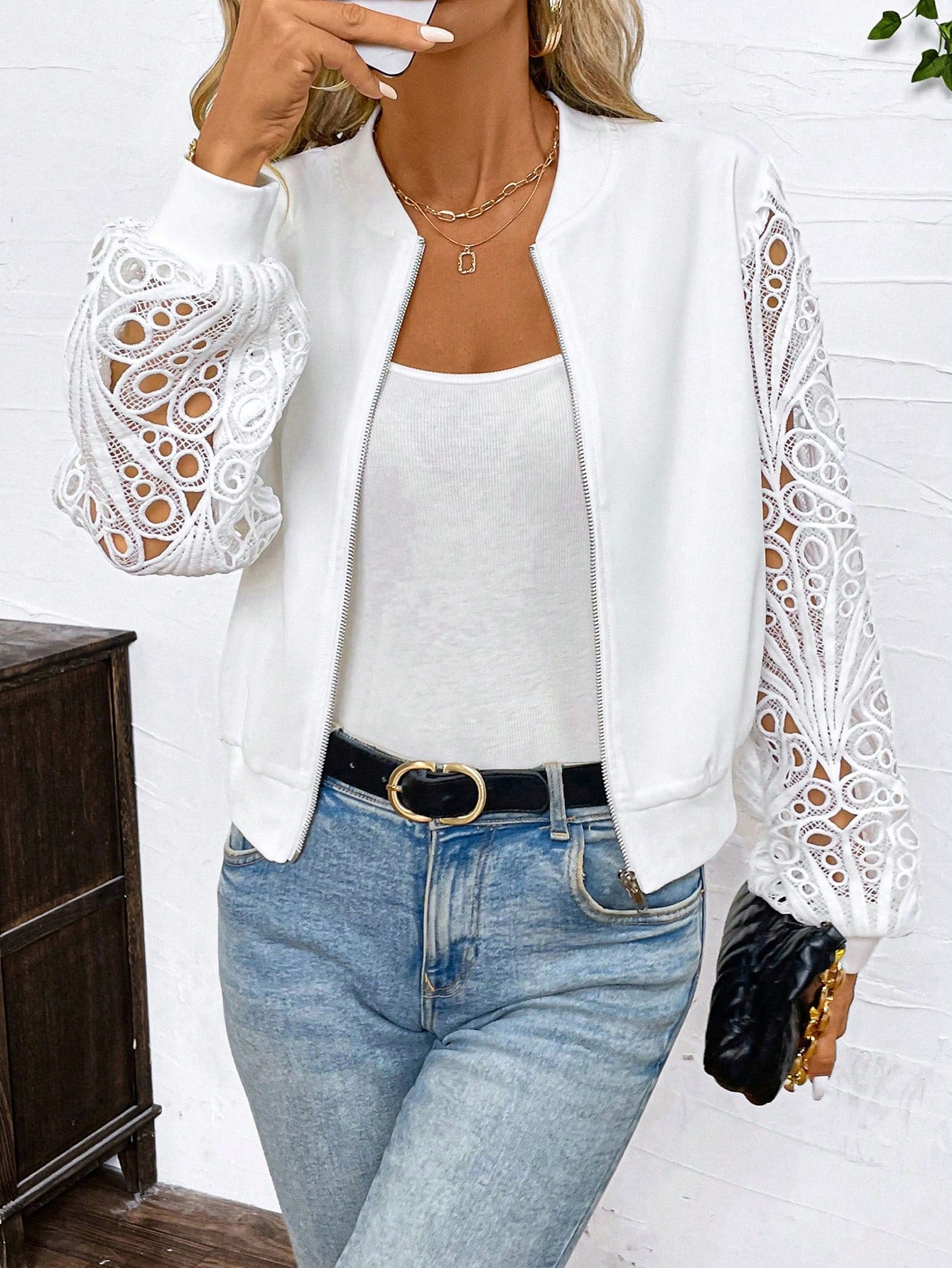 Elegant And Exquisite Lace Short Women's Jacket, Lightweight Style For Early Autumn Teacher Outfits Zip Up Jacket Embroidered Jacktet  White Long Sleeve Women Jackets