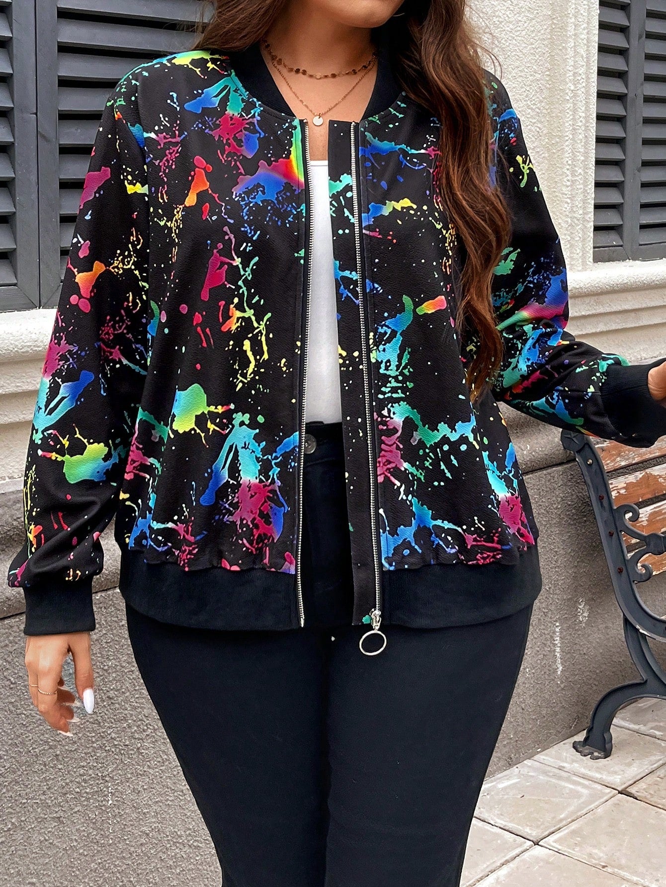 Plus Size Multi-Colored Iridescent Abstract Printed Jacket For Autumn & Winter