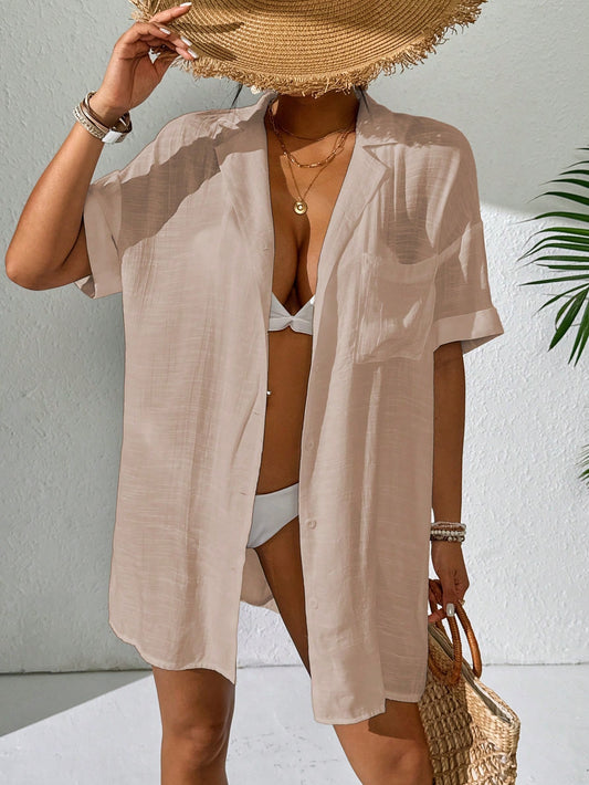 Swim Solid Button Front Short Sleeve Casual Kimono For Summer