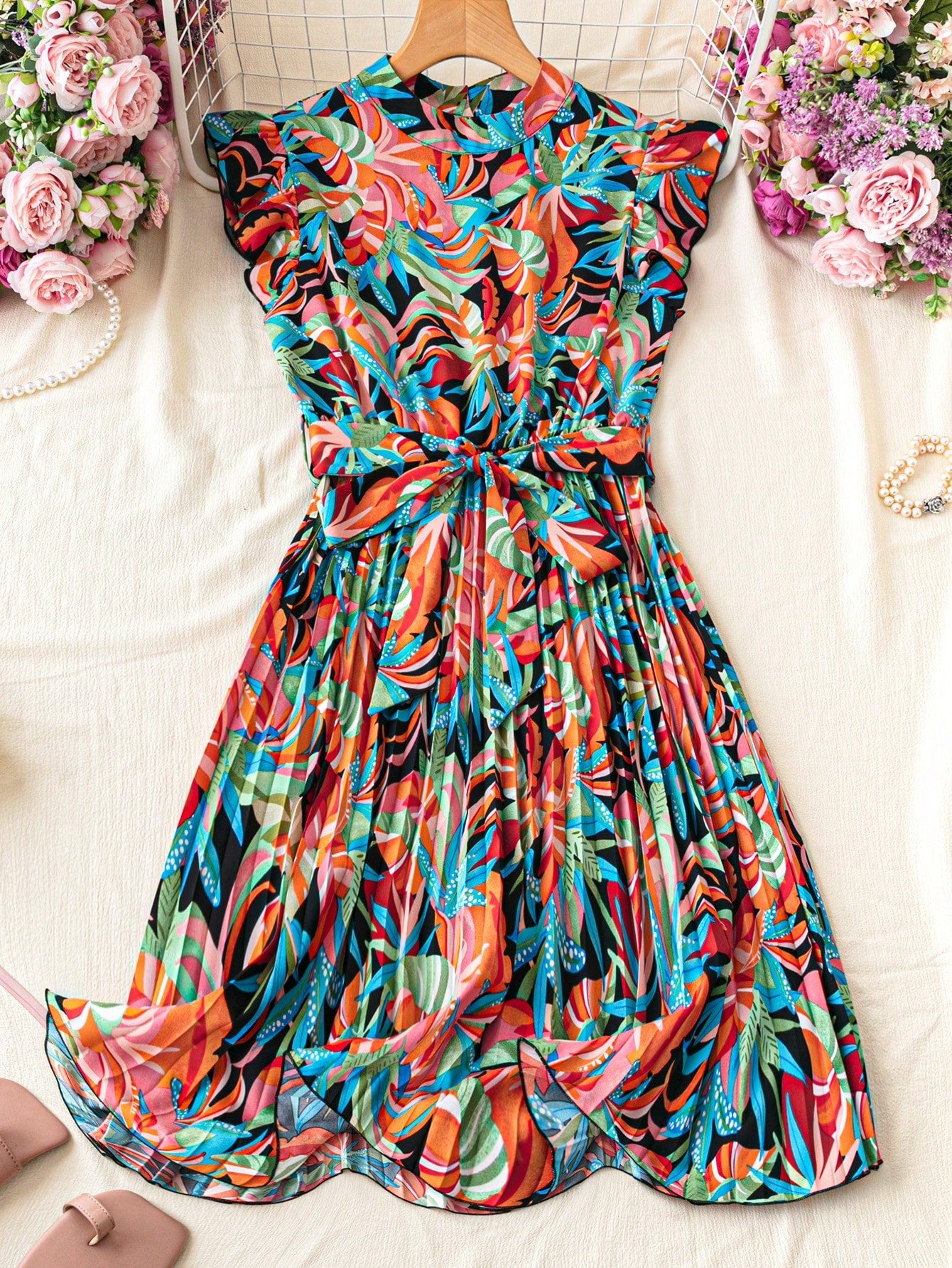 Floral Printed Mini Stand Collar Pleated A-Line Vacation Dress With Cinched Waist