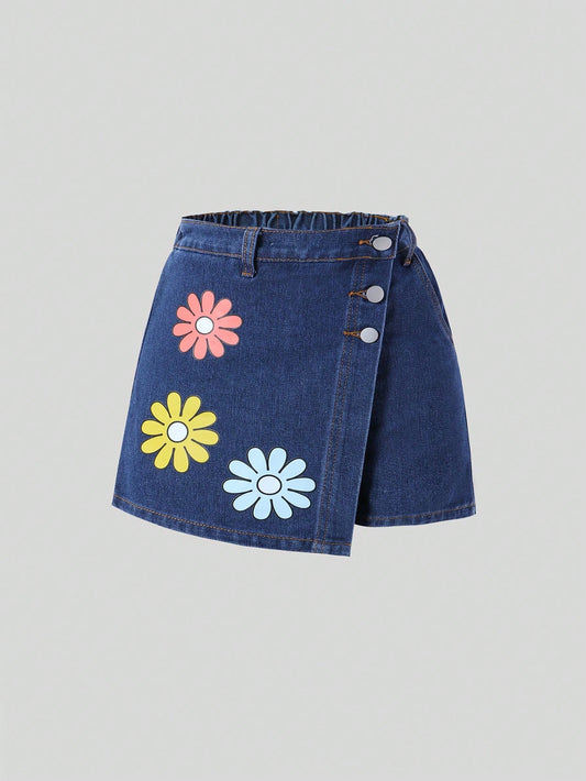 Streecool Kids Tween Girls' Casual Elastic Waist Button-Front Denim Skirt/Pants, Light Blue Washing With Cute Flower Print