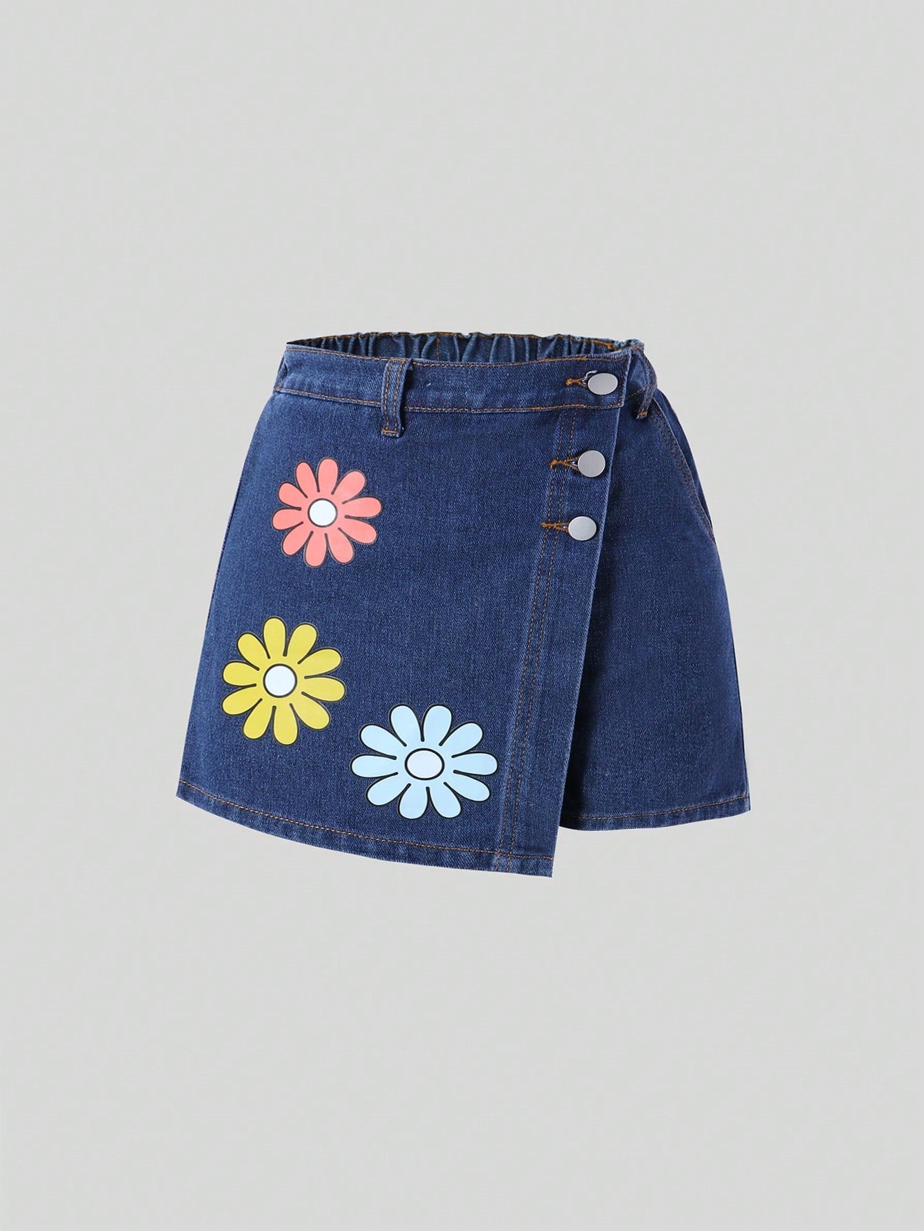 Streecool Kids Tween Girls' Casual Elastic Waist Button-Front Denim Skirt With Cute Flower Pattern Print, Light Blue Wash