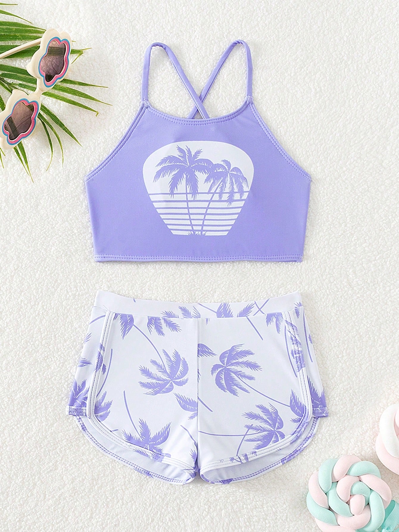 Young Girl Cute Palm Tree Printed Halter Neck Vest And Shorts Bikini Set, Beach Holiday Summer Beach