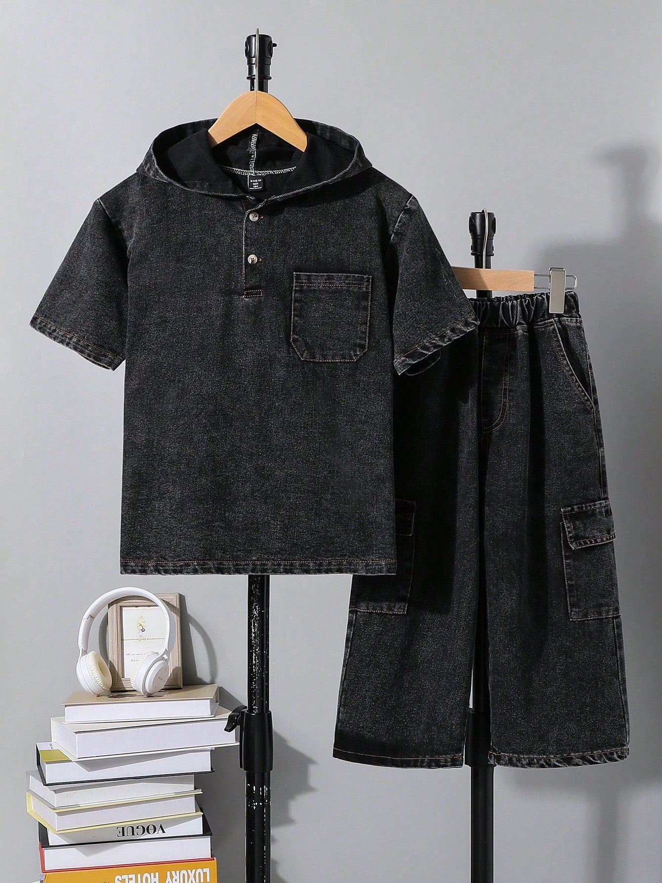 Tween Boy Solid Color Hooded Summer Casual Denim Short Sleeve Top And Shorts Set