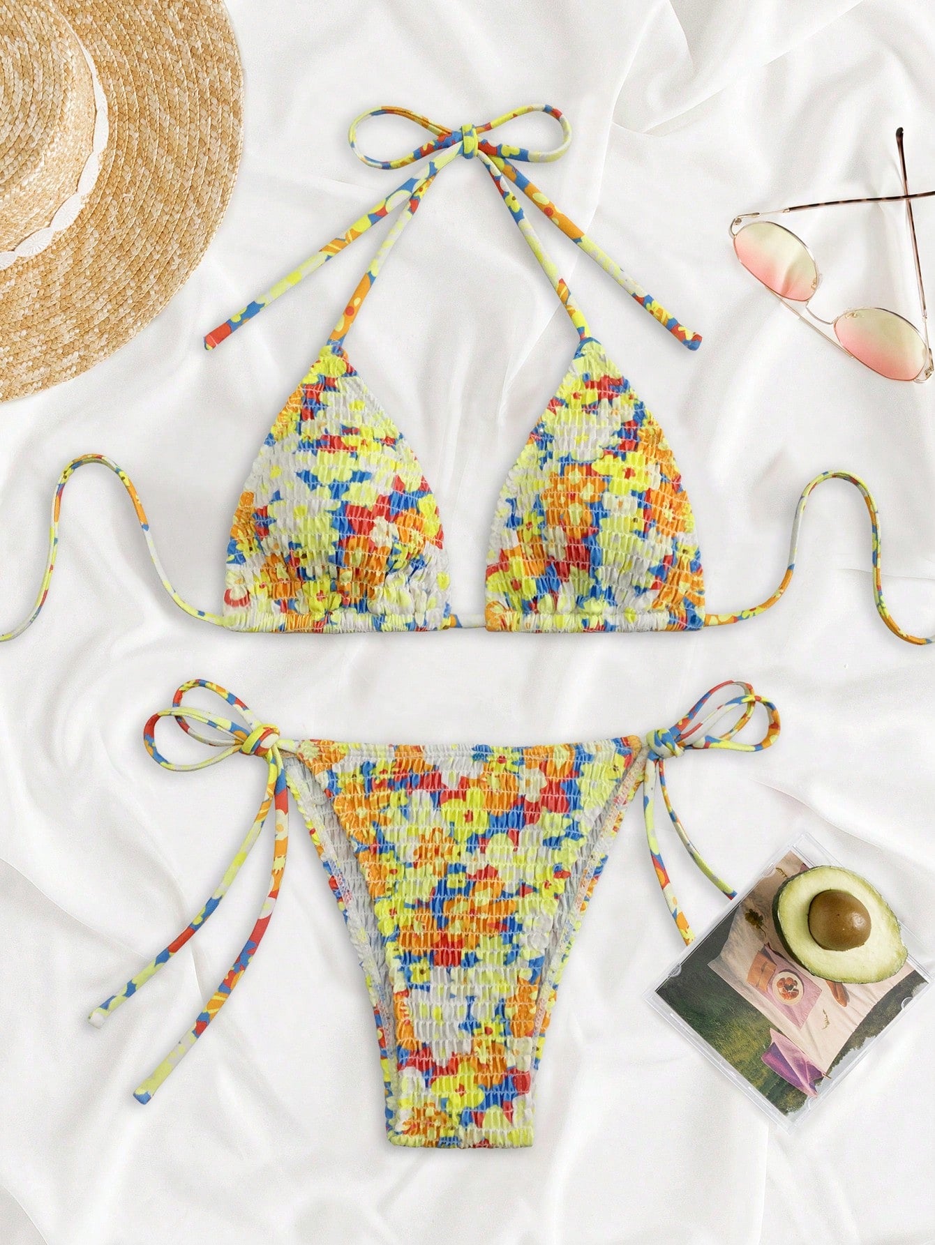 Swim Mod Summer Beach Random Floral Print Bikini Set Smocked Halter Triangle Bra Top & Tie Side Bikini Bottom 2 Pieces Bikini