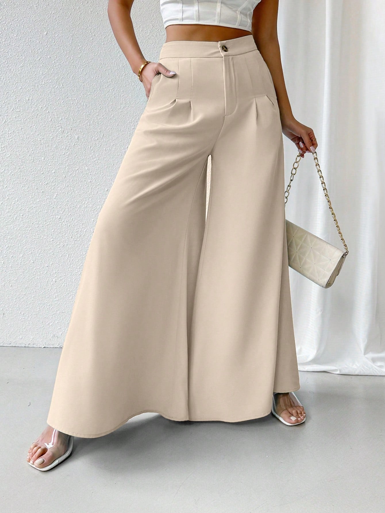 Ladies' Solid Color Pleated Wide Leg Dress Pants