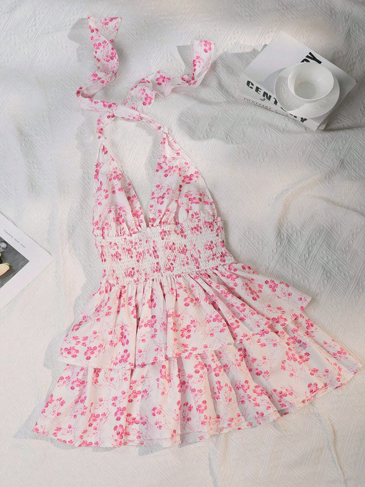 Floral Print Tie Backless Halter Dress For Summer