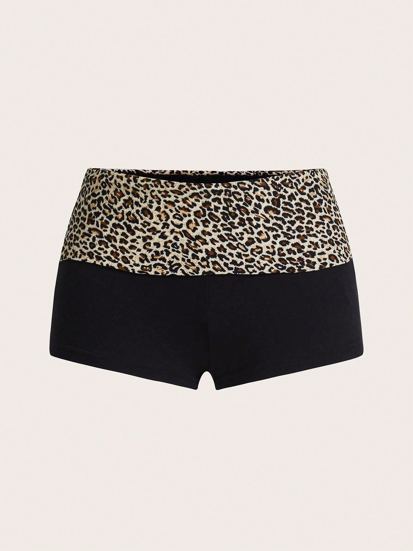 Leopard Print Foldover Waist Ultra Low Rise Super Short Mini Black Shorts