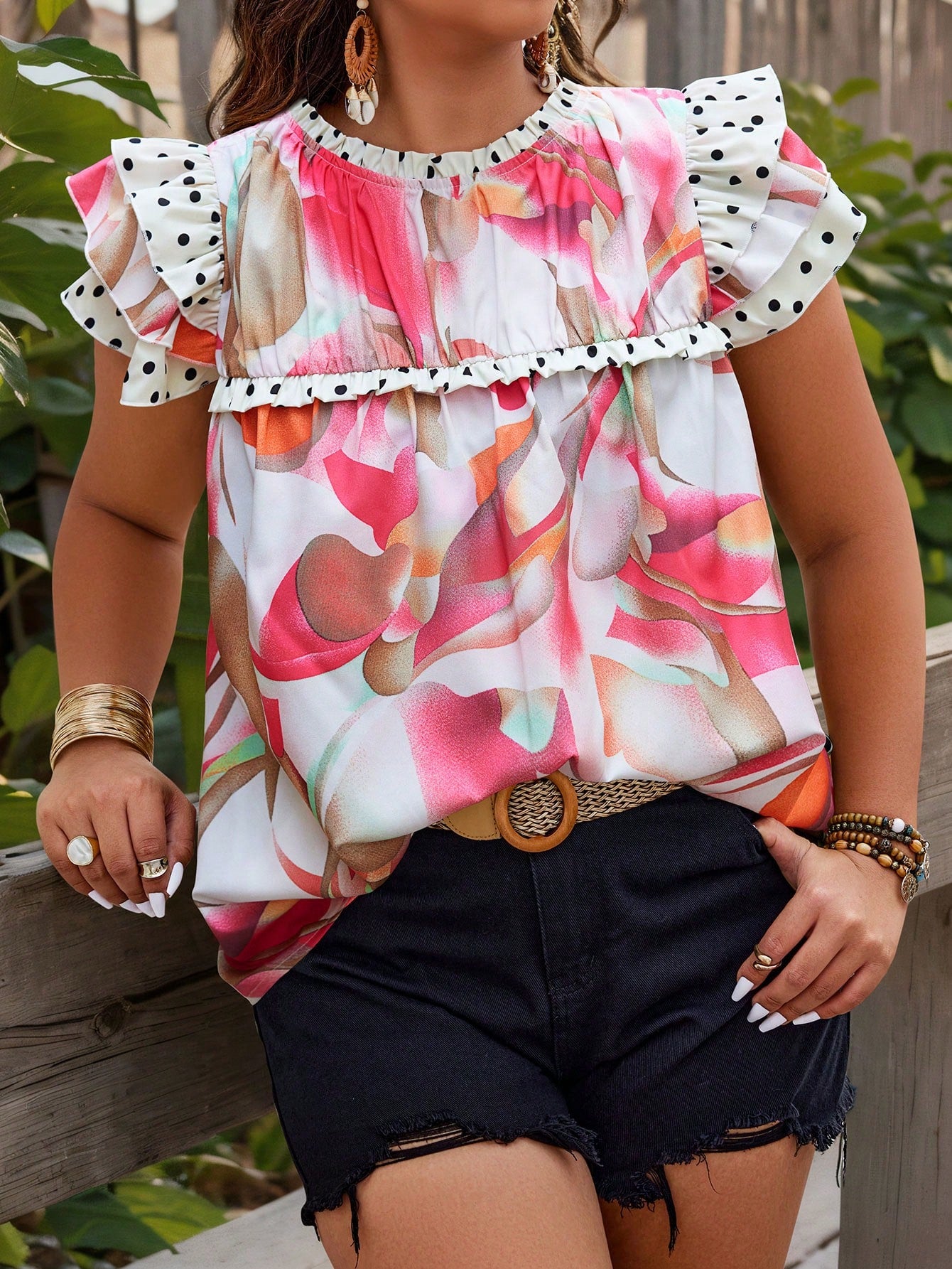 Random Print Plus Size Round Neck Pleated Hem Summer Casual Shirt