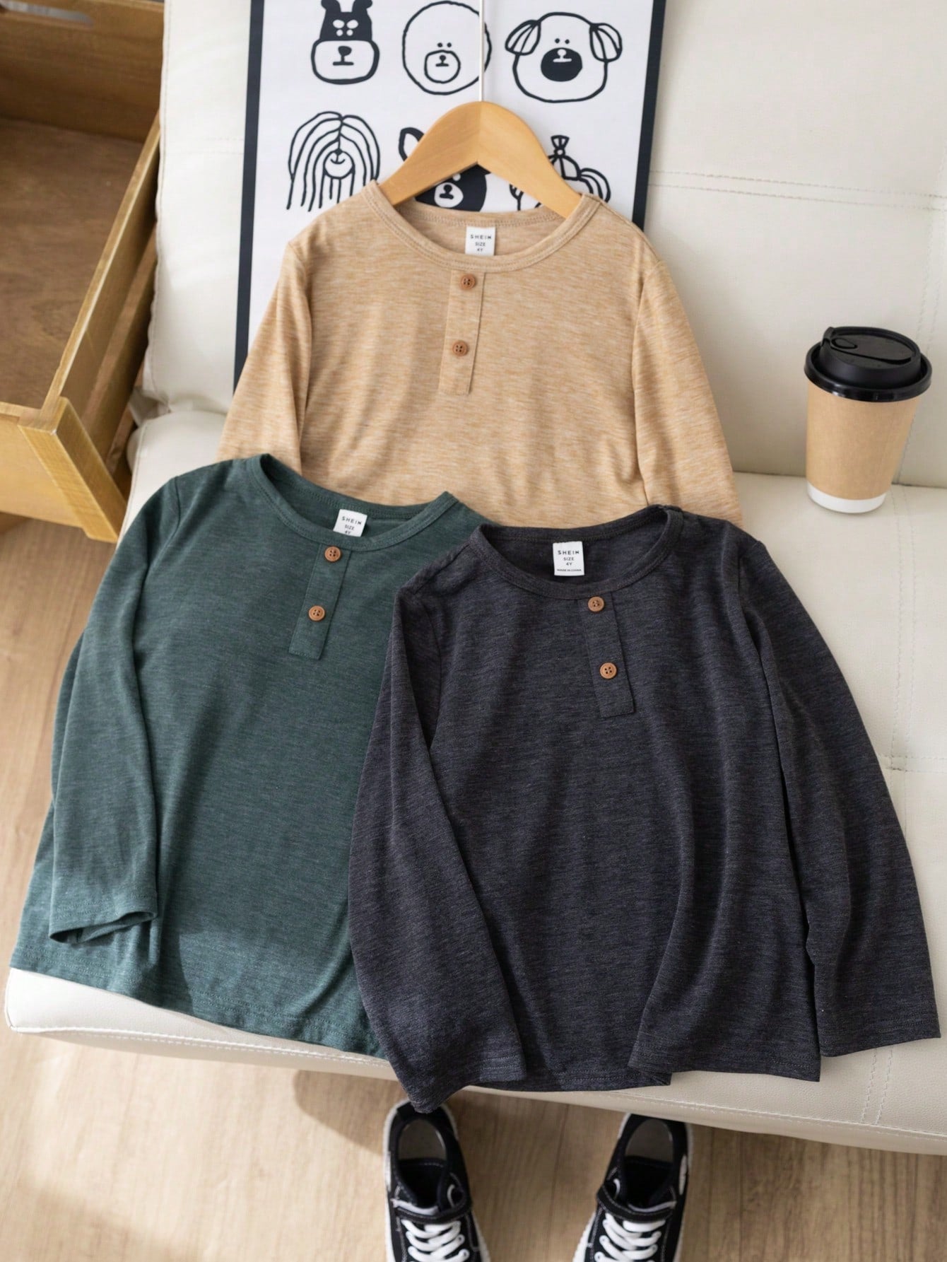 3pcs Kids Clothes, Young Boys' Casual Comfortable Style Paul Shirt With Texture Comfortable Material And Wood Grain Detail Buttons, Round Neck Long Sleeve T-Shirt, Multi-Colors, One Of Each, Suitable For Home, Casual Outings, Street Photography, And Playt