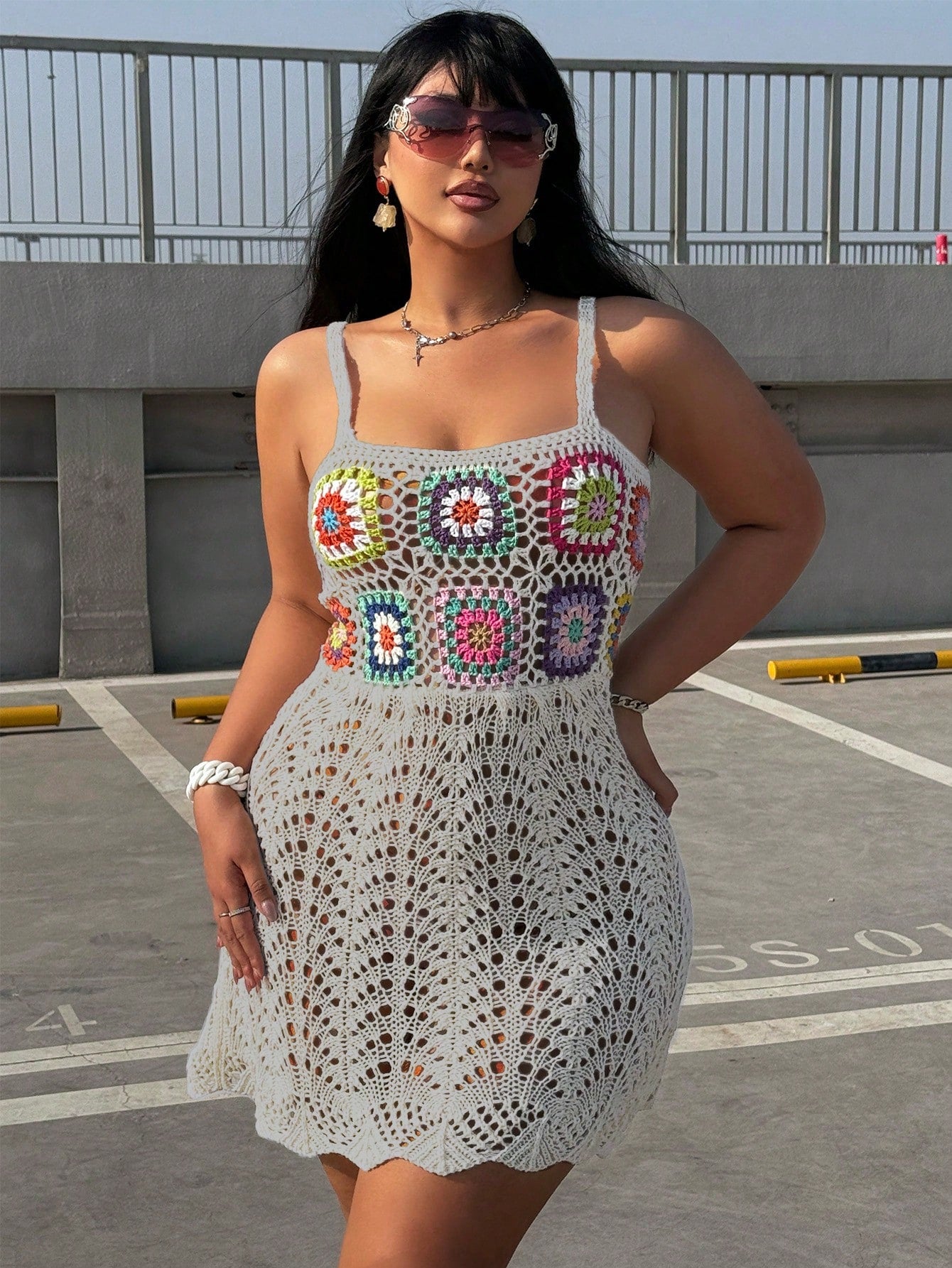 Plus Size Women's Floral Crochet Holiday Style Summer Spaghetti Strap Dress