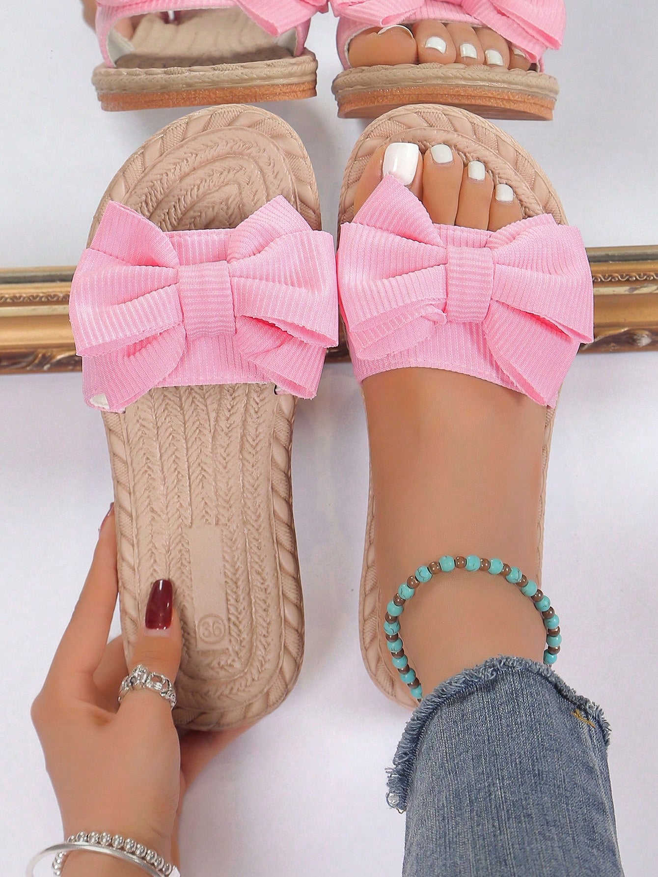 Cute Girl's Bow Striped Elements Pink Slippers, Popular Style For Casual Outing And Beach Time