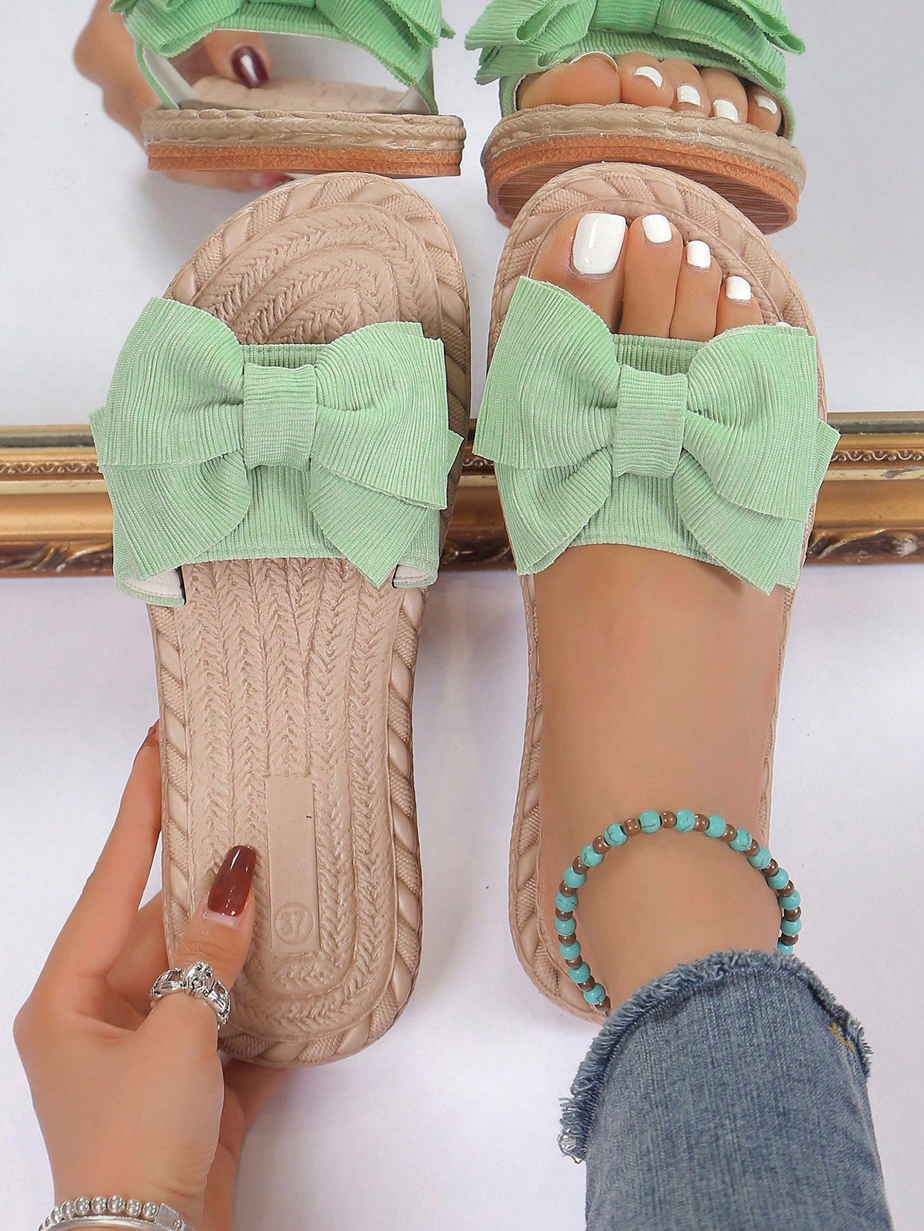 Cute Girl's Bow Striped Elements Pink Slippers, Popular Style For Casual Outing And Beach Time