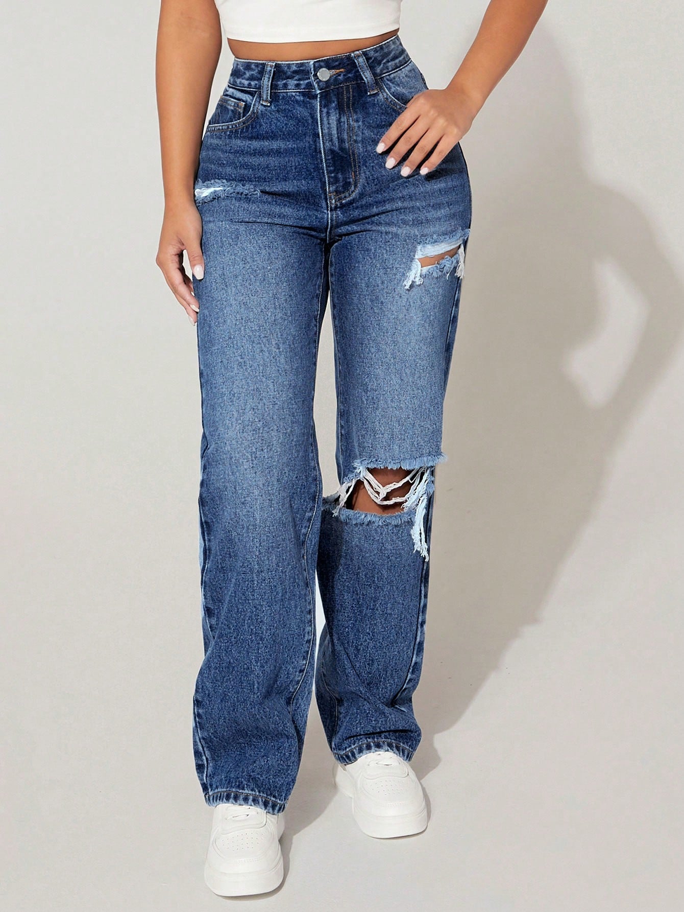 PETITE High Waist Cut Out Ripped Frayed Straight Leg Jeans