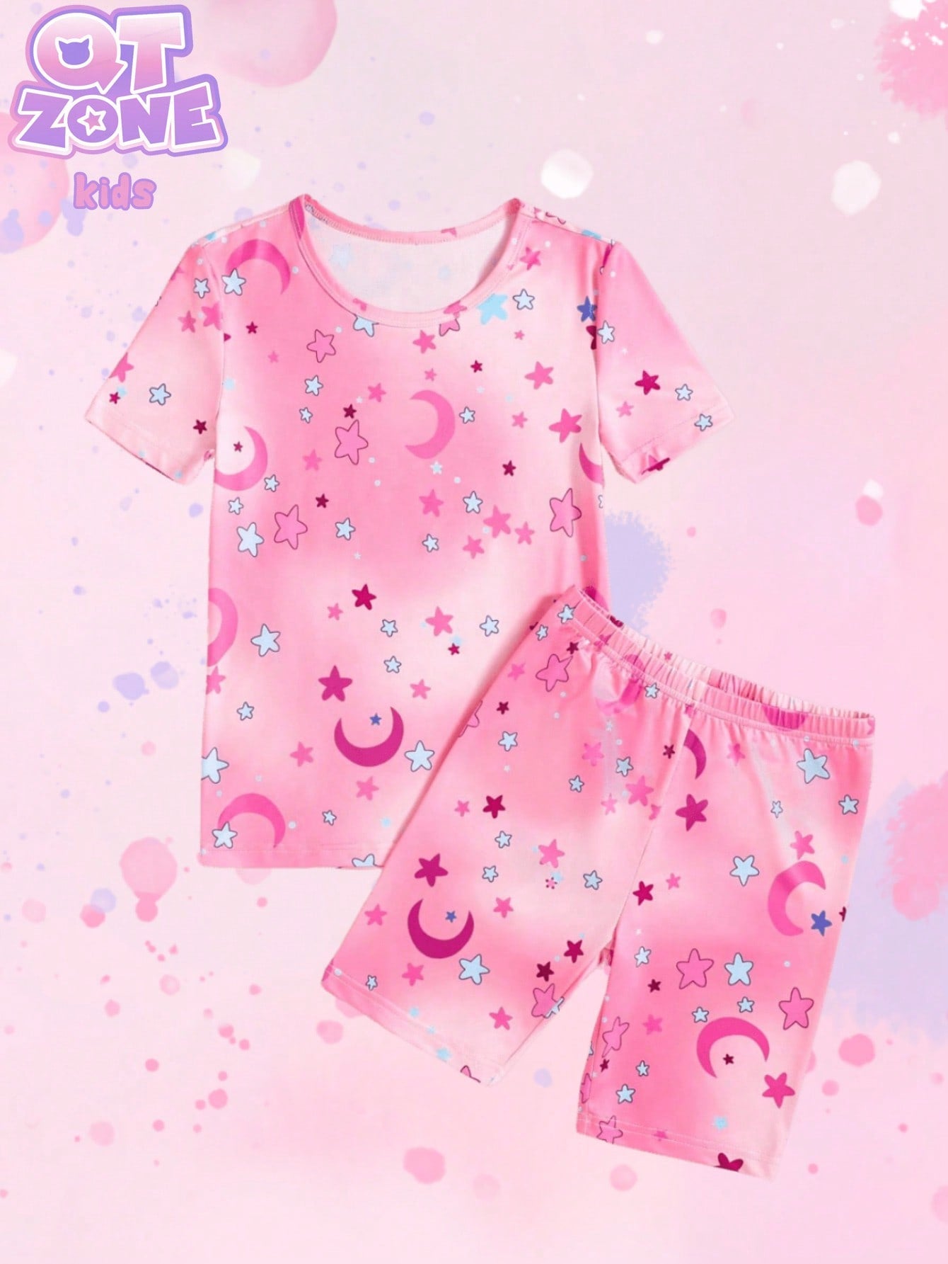 Tween Girl Starry Print Short Sleeve Round Neck T-Shirt And Shorts Casual Tight-Fitting 2-Piece Homewear Set