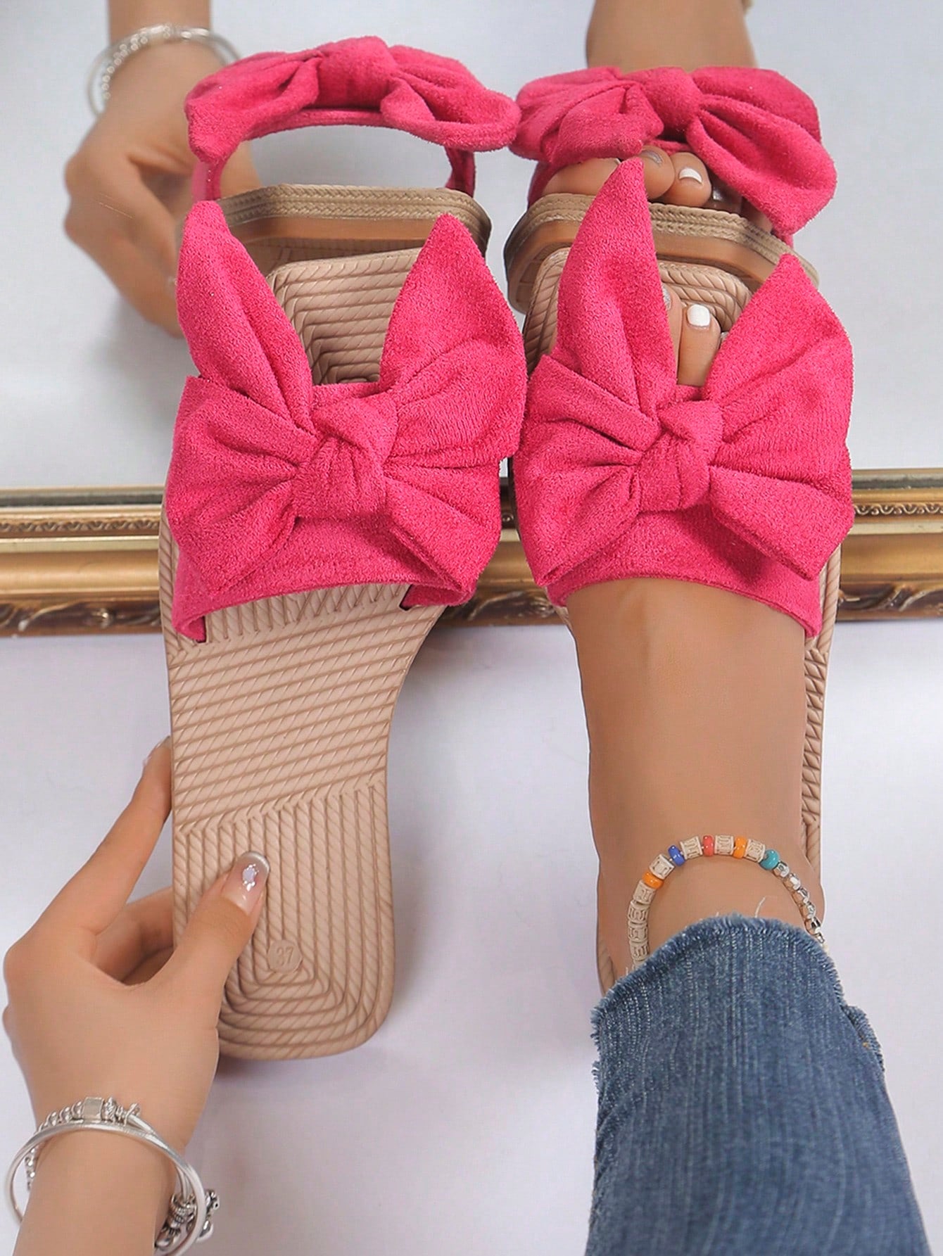 Women Bow Decor Flat Sandals, Funky Neon-orange Faux Suede Slide Sandals For Summer