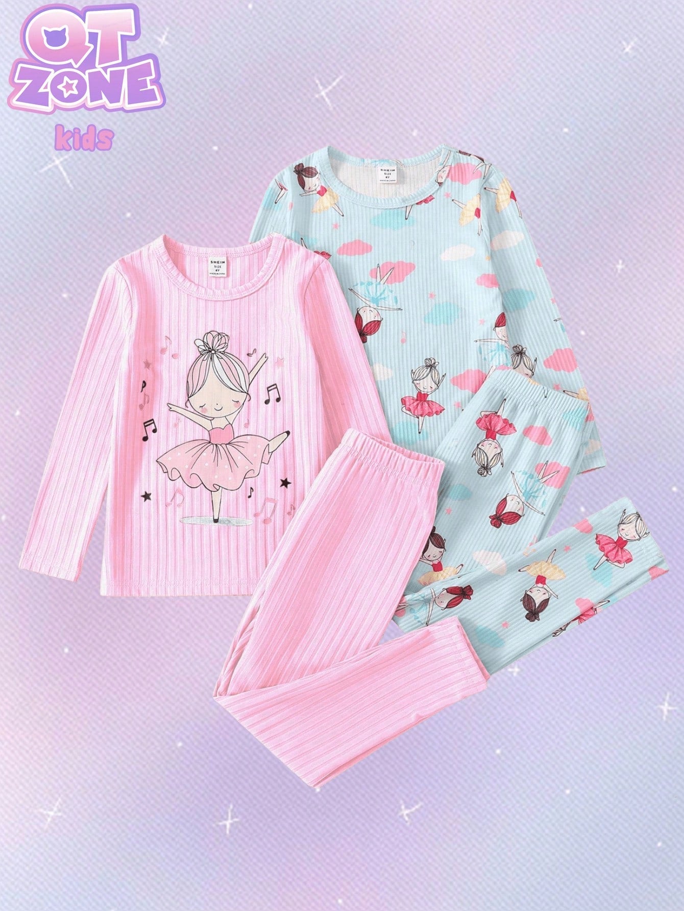 Young Girl Cartoon Figure Print Rib-Knit Snug-Fit PJ Set