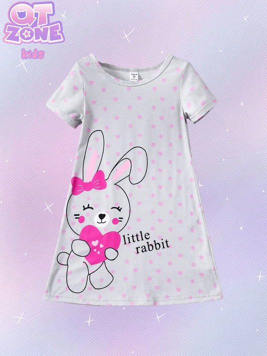 Young Girls' Cute Rabbit Polka Dot Print Short Sleeve Nightdress With Round Neckline