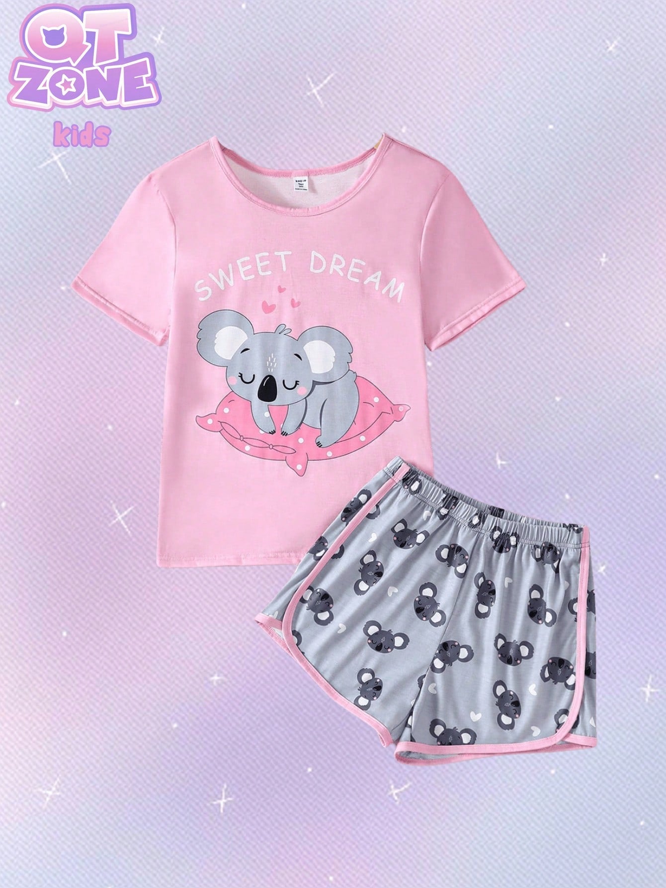 Teen Girls' Simple And Cute Koala Print Shorts And Short Sleeve Top Pajama Set For Comfortable Homewear