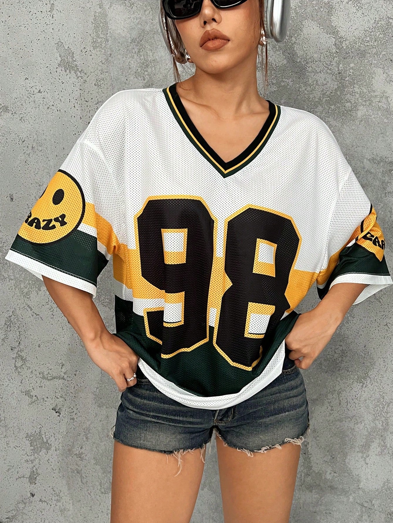 Women's Summer Knitted Mesh Sports Letter & Number Printed V-Neck Loose T-Shirt