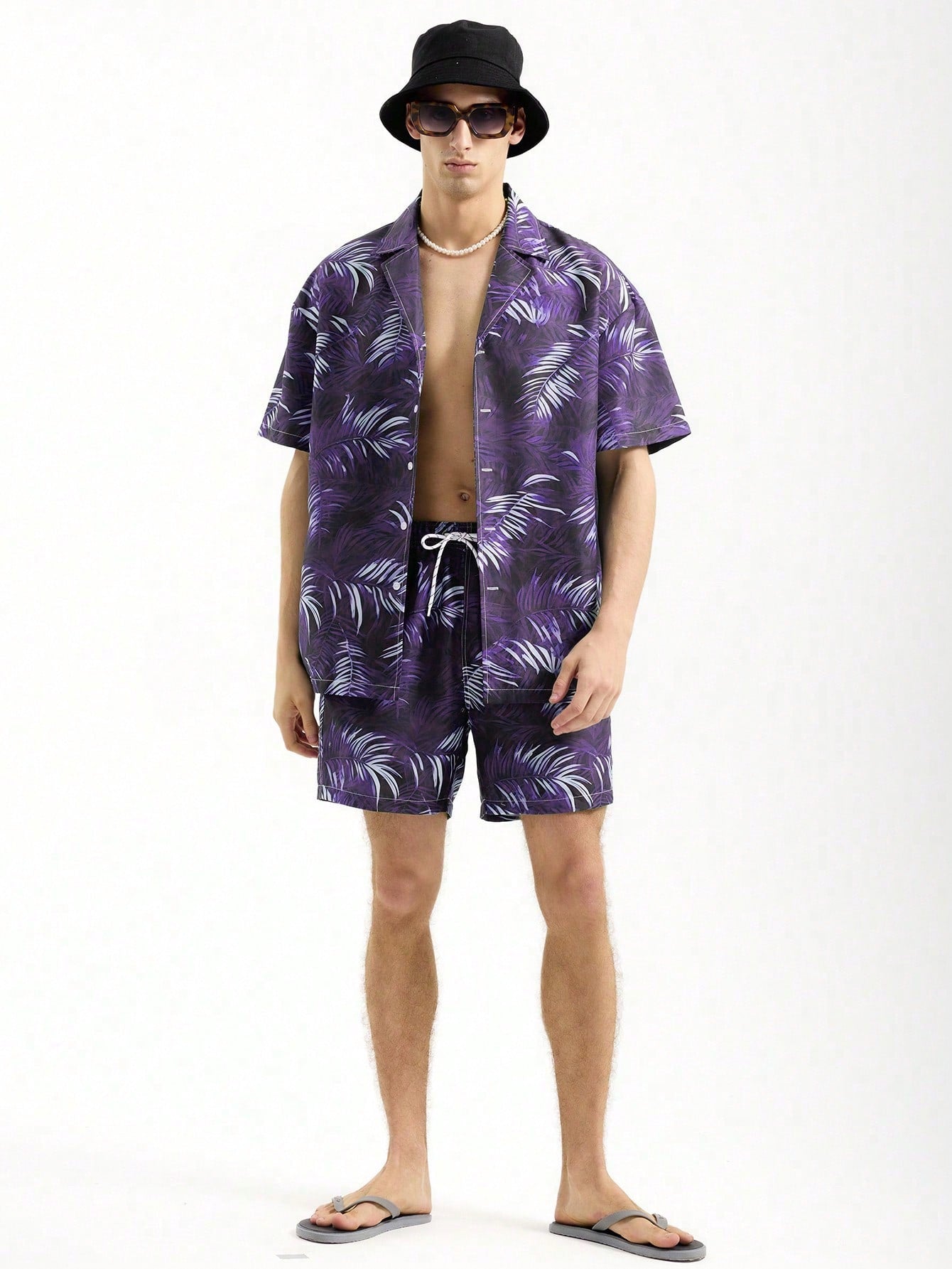 Men's Front Button Plant Printed Short Sleeve Beach Shirt And Drawstring Pocket Shorts Set For Summer