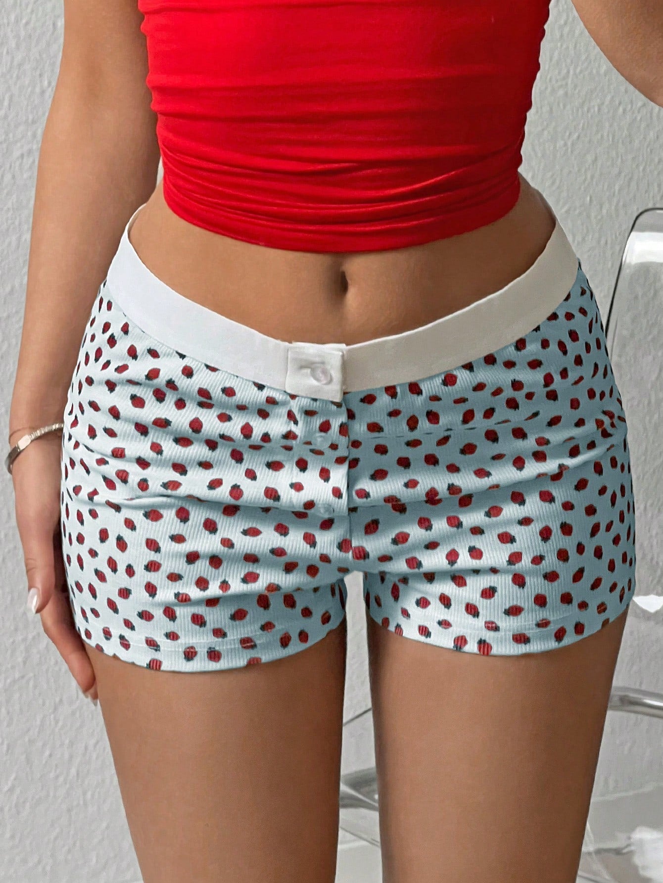 Summer Casual Strawberry Printed Patchwork Slim Fit Ultra-Short Shorts