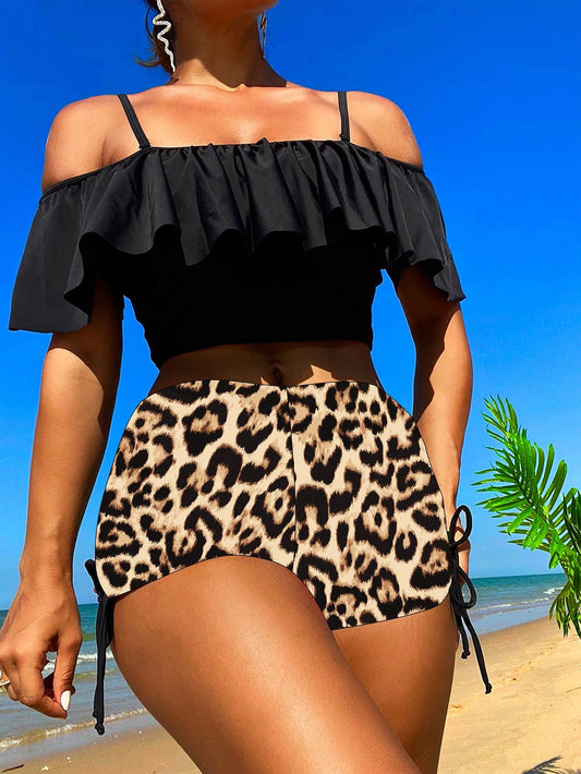 Swim Lushore Women's Beach Vacation Solid Color Shoulder Ruffled Top And Leopard Print Shorts Casual Tankini Swimwear Set