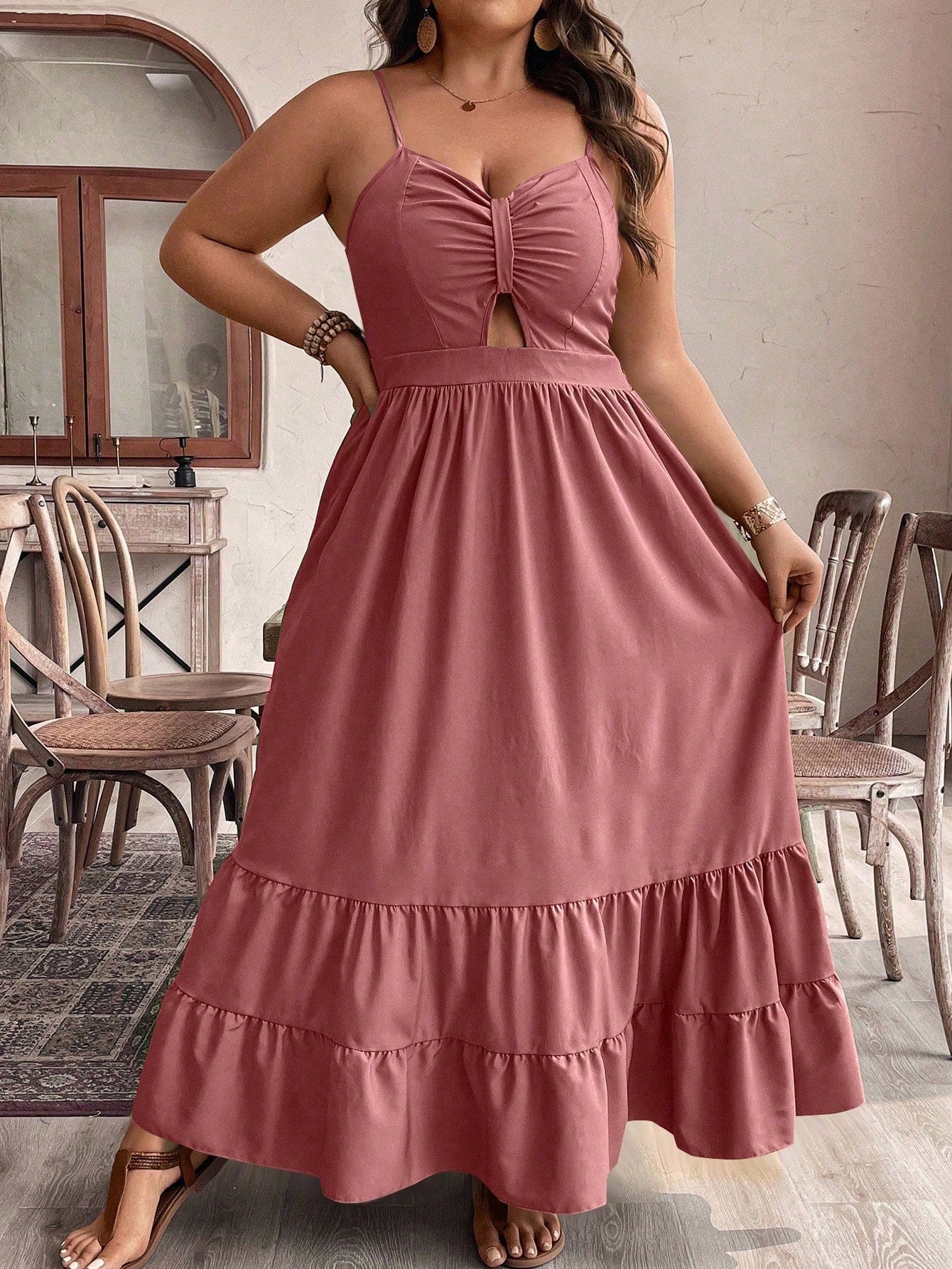 Plus Size Solid Color Sleeveless Spaghetti Strap Dress With Chest Pleats And Ruffle Hem For Summer