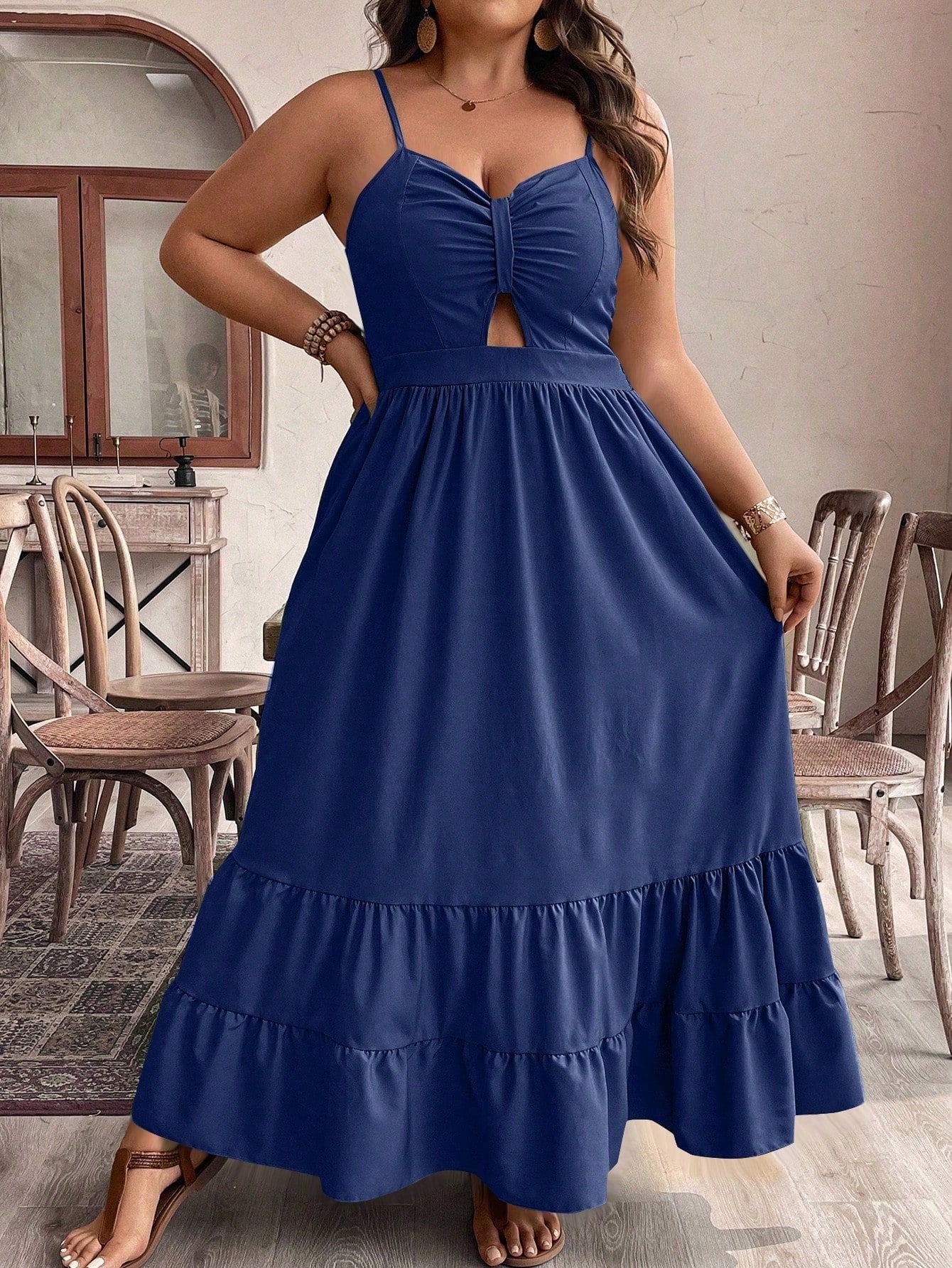 Plus Size Solid Color Sleeveless Spaghetti Strap Dress With Chest Pleats And Ruffle Hem For Summer