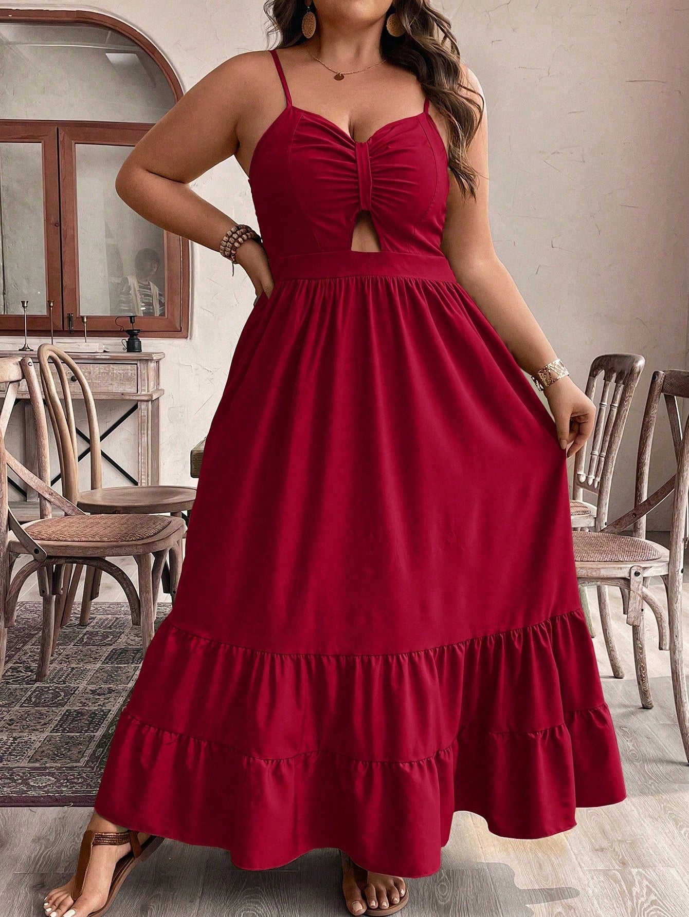 Plus Size Solid Color Sleeveless Spaghetti Strap Dress With Chest Pleats And Ruffle Hem For Summer