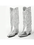Women's Fringe Western Cowboy Boots Metallic Cowgirl Mid-Calf Boots Pointed-Toe Chunky Block Heel Fashion Party Boots For Ladies With Tassel