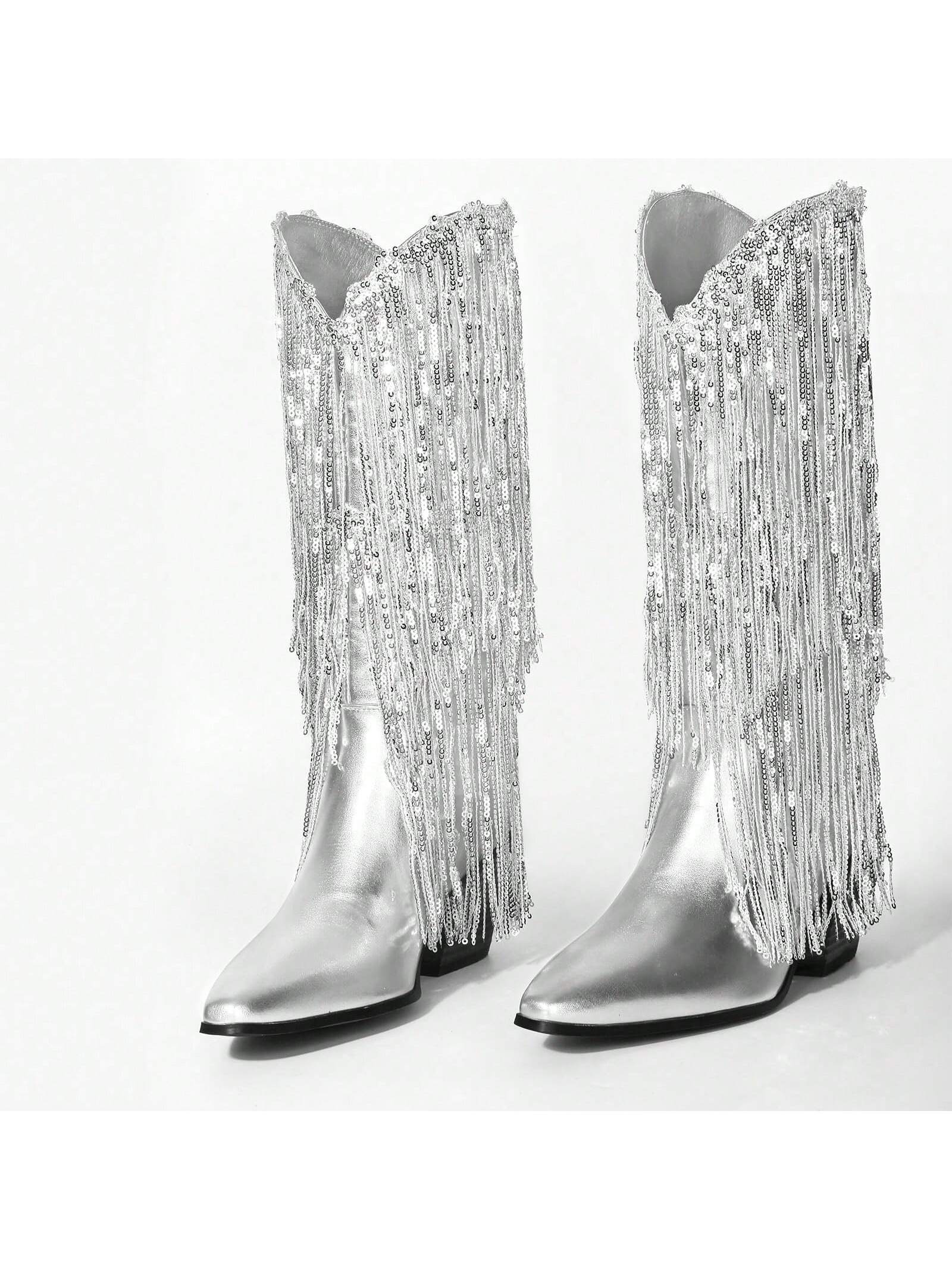Women's Fringe Western Cowboy Boots Metallic Cowgirl Mid-Calf Boots Pointed-Toe Chunky Block Heel Fashion Party Boots For Ladies With Tassel